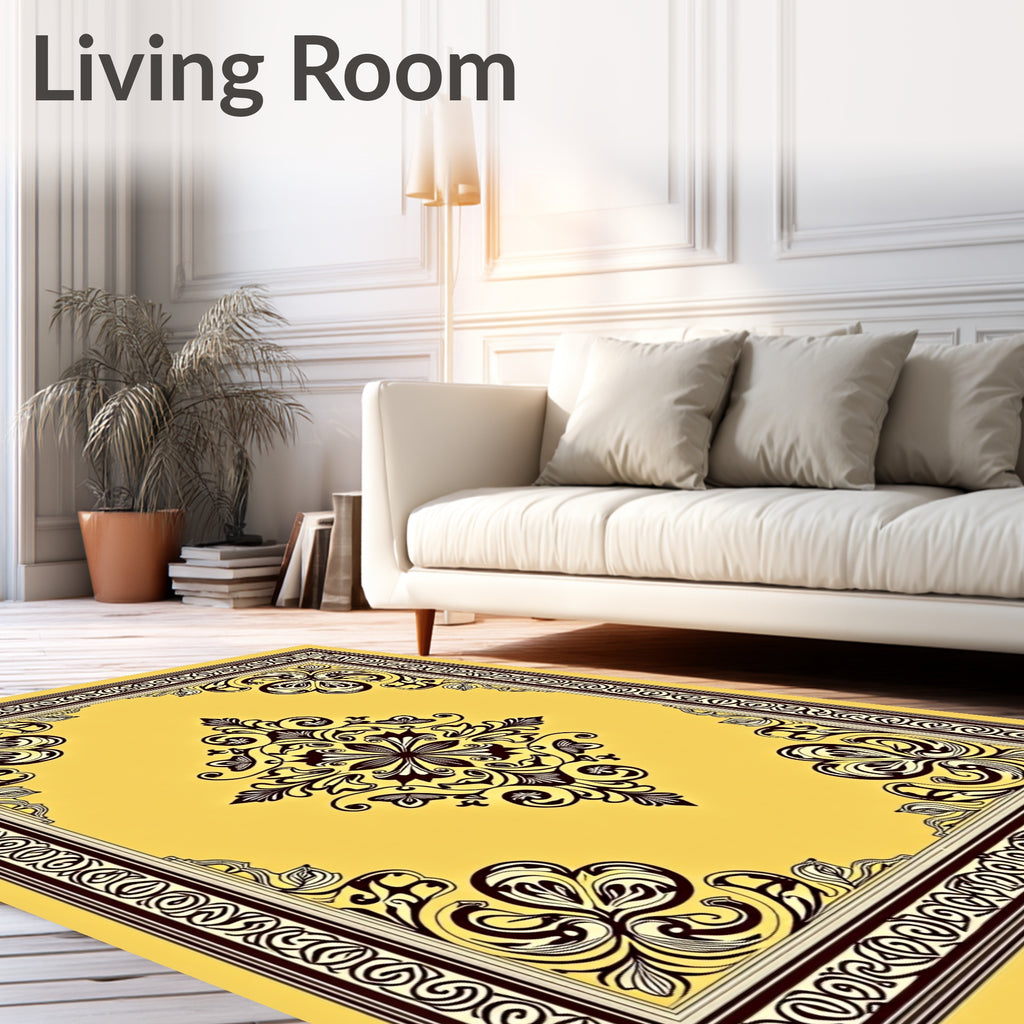 Elaborate Yellow Dark Brown Scroll Rug