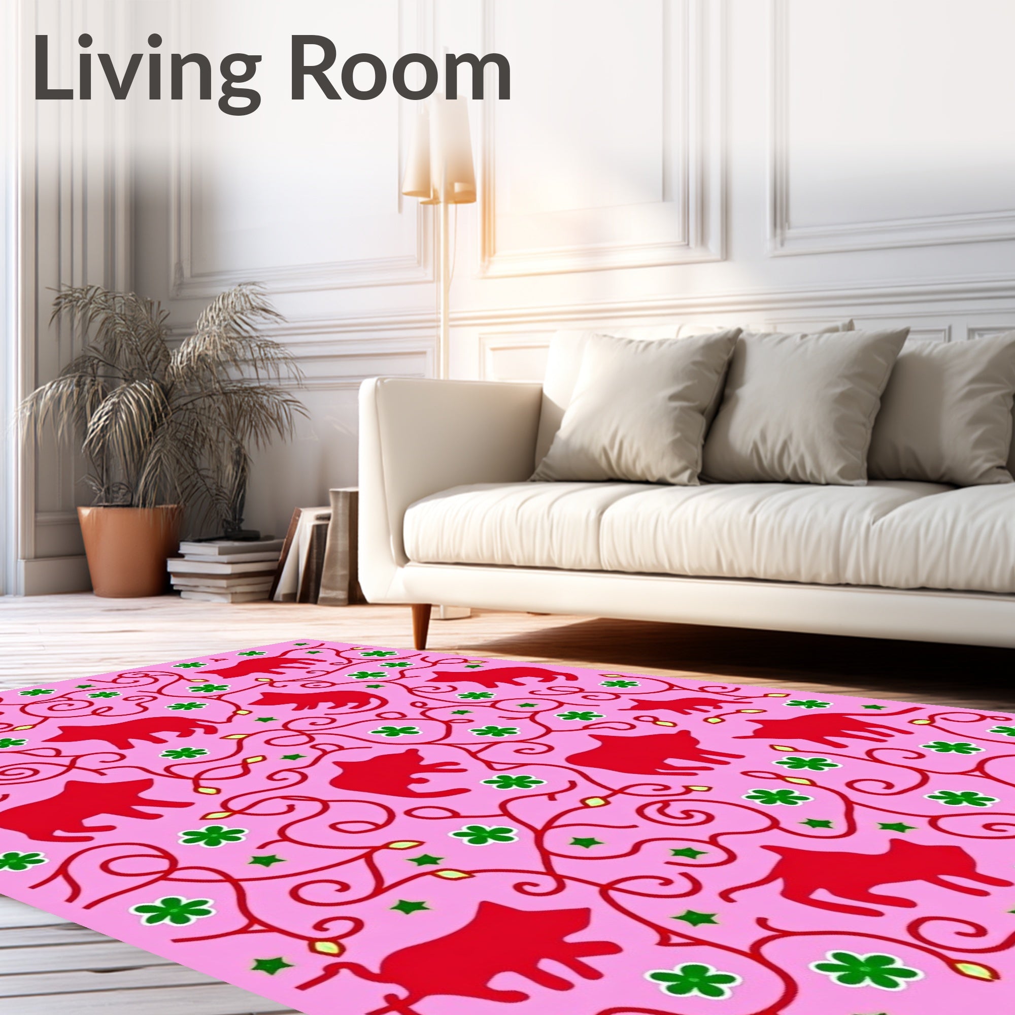 Playful Red Animal Floral Pattern Rug