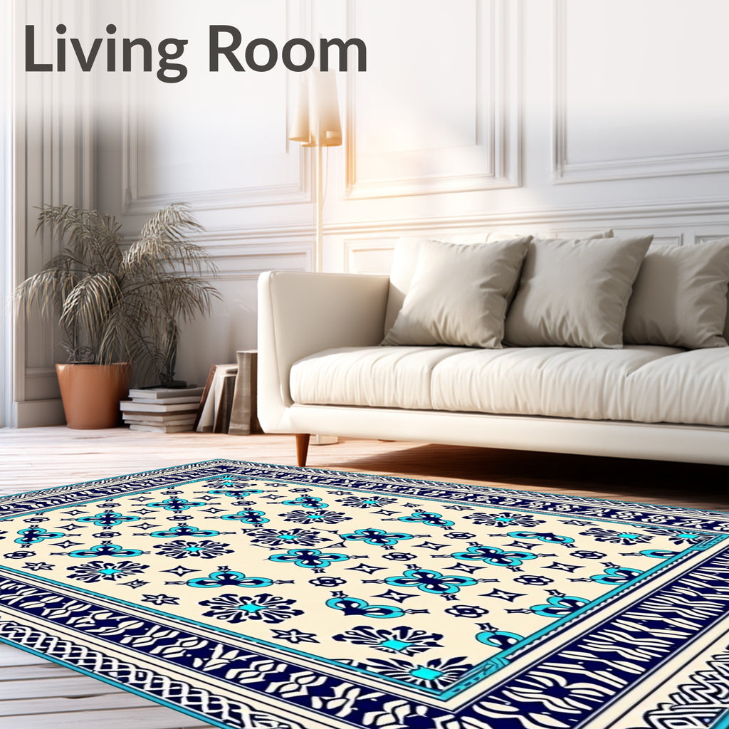 Cream Sky Blue Intricate Floral Pattern Rug