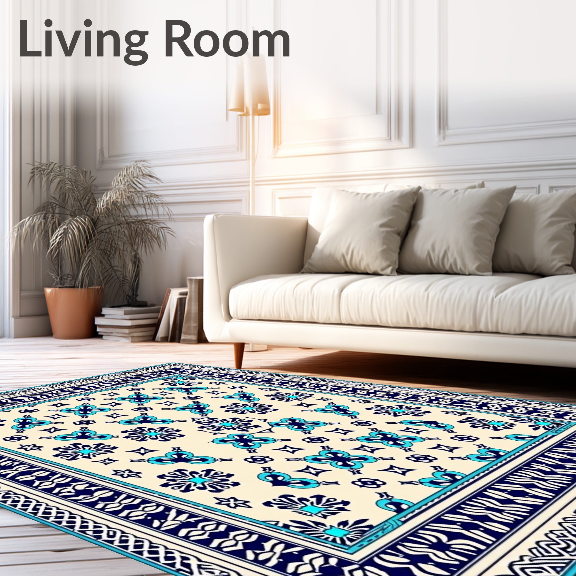 Cream Sky Blue Intricate Floral Pattern Rug
