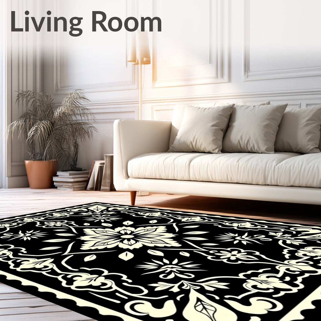 Cream Floral Medallion on Black Field Rug