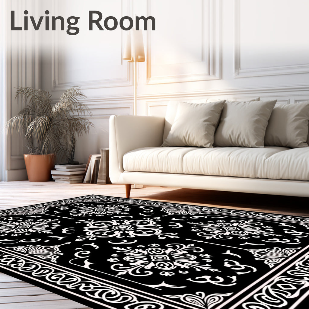 Black White Elegant Floral Pattern Rug