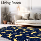 Golden Deer and Snowflakes Navy Background Rug