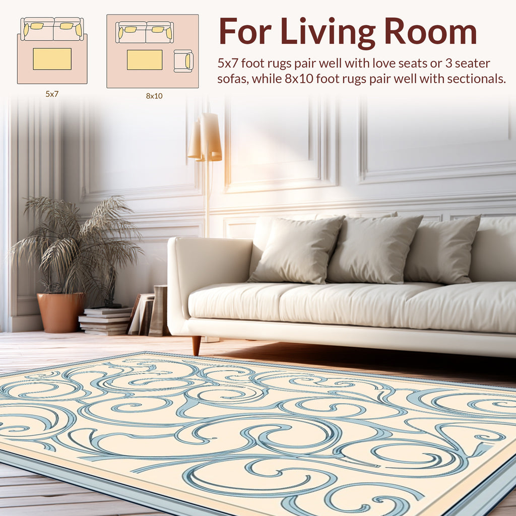 Cream Blue Swirl Pattern Design Rug