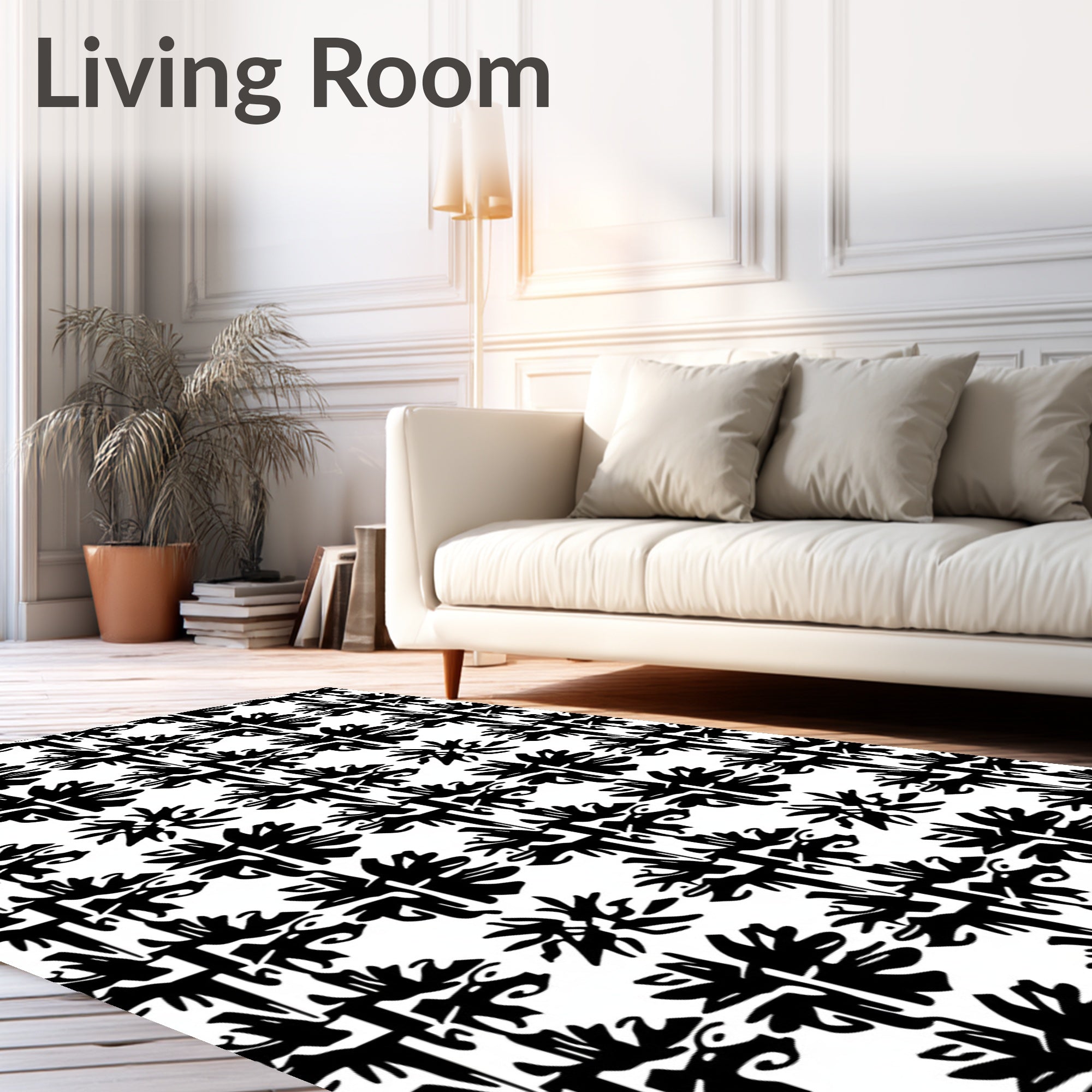 Black White Abstract Floral Tiling Rug