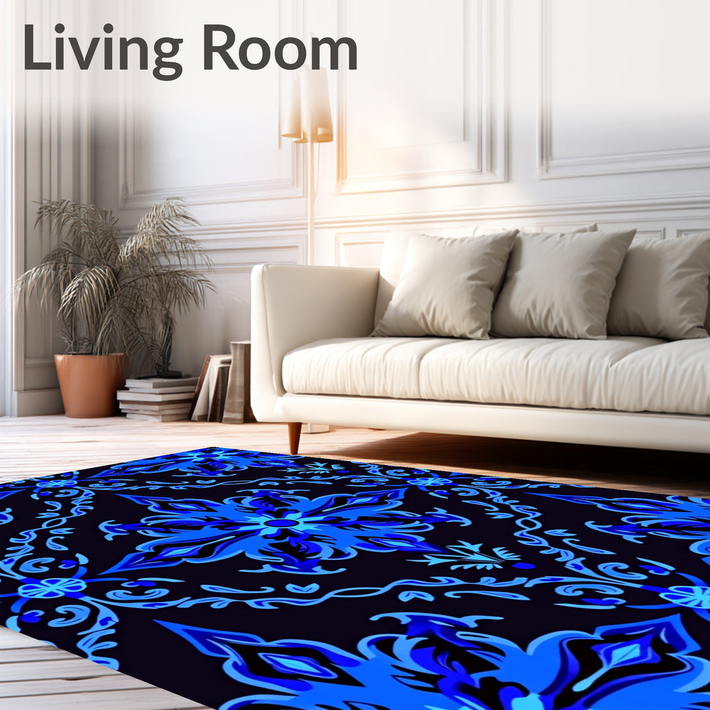 Intricate Blue Floral Scroll Pattern Rug
