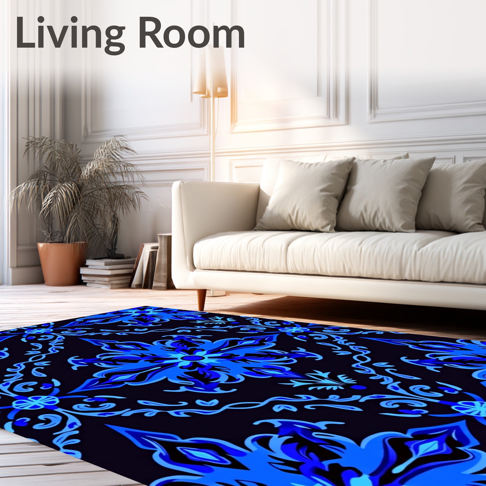 Intricate Blue Floral Scroll Pattern Rug