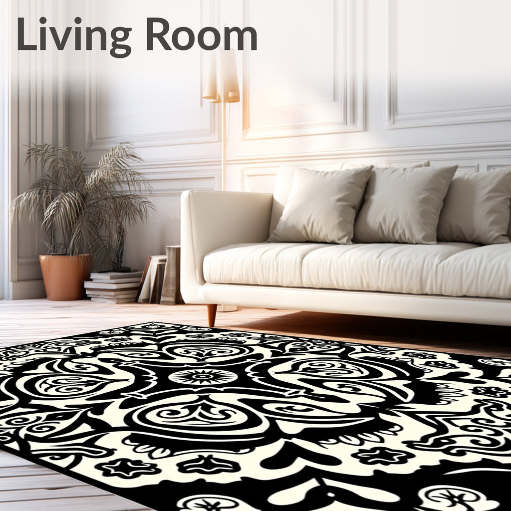 Black and White Intricate Paisley Pattern Rug