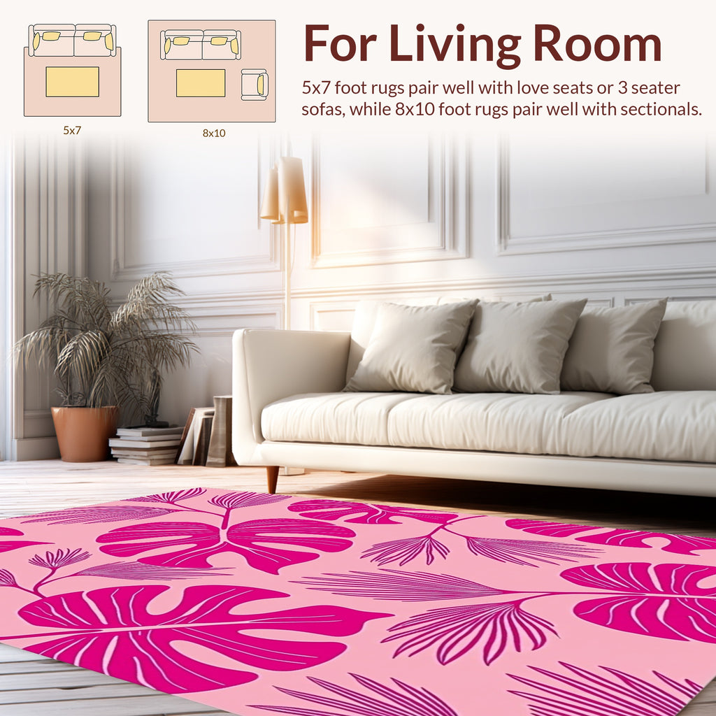 Vibrant Pink Tropical Leaf Pattern Rug