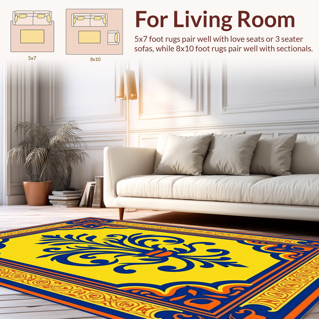 Yellow Blue Orange Floral Inlay Rug