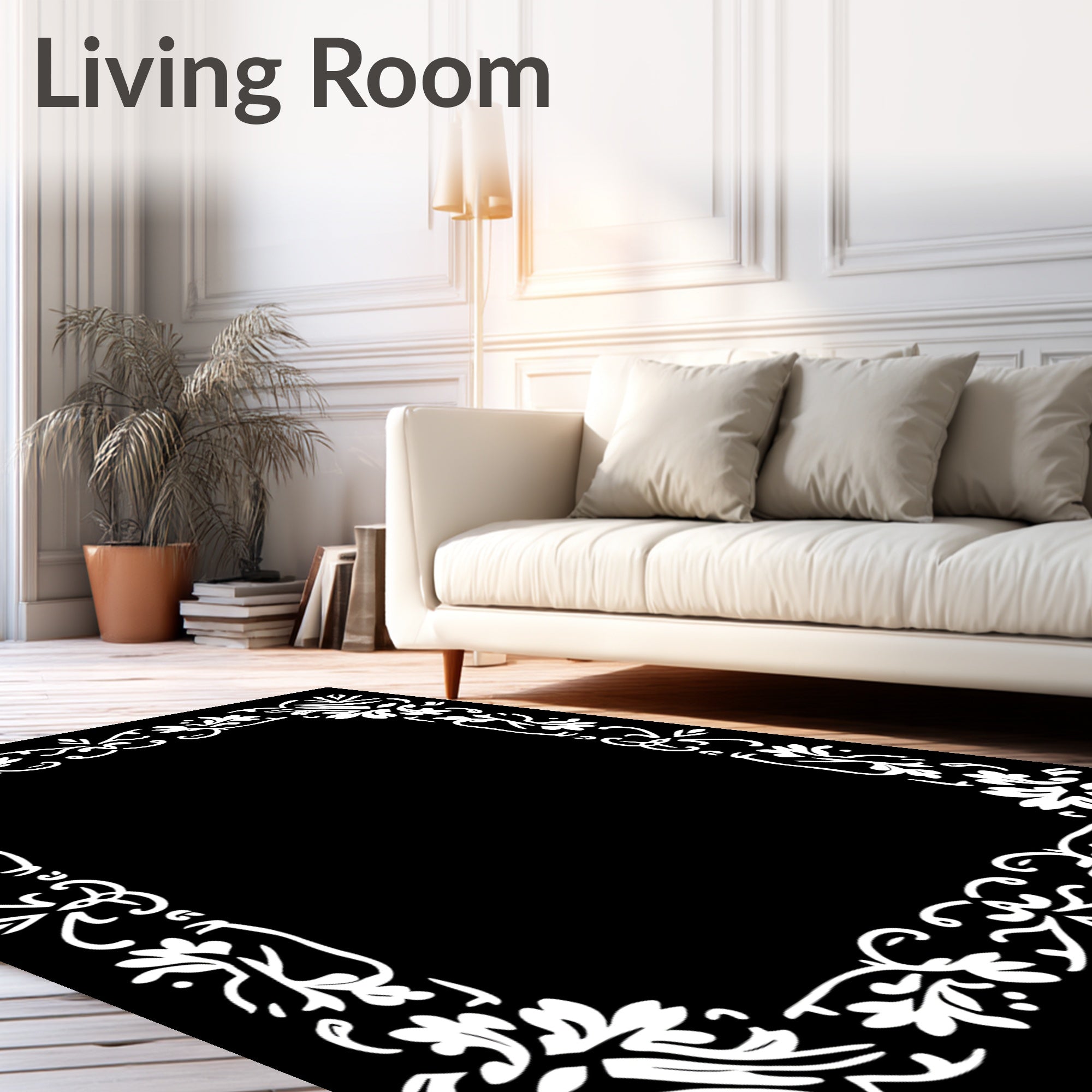 White Ornate Floral Border Design Rug