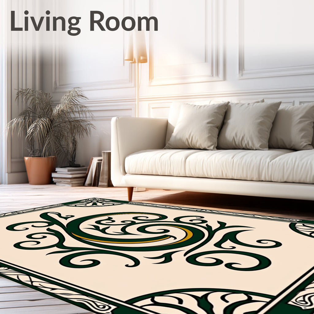 Ornate Green Gold Swirl Design Rug