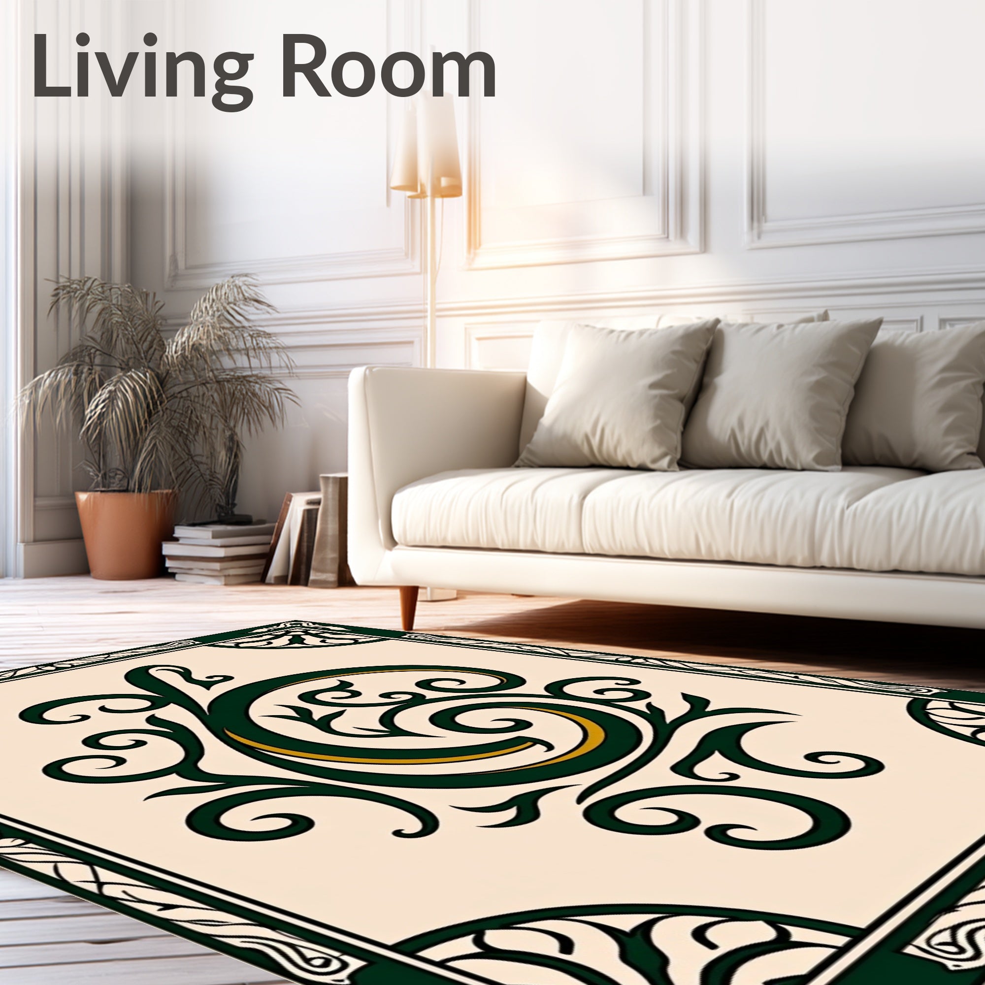Ornate Green Gold Swirl Design Rug