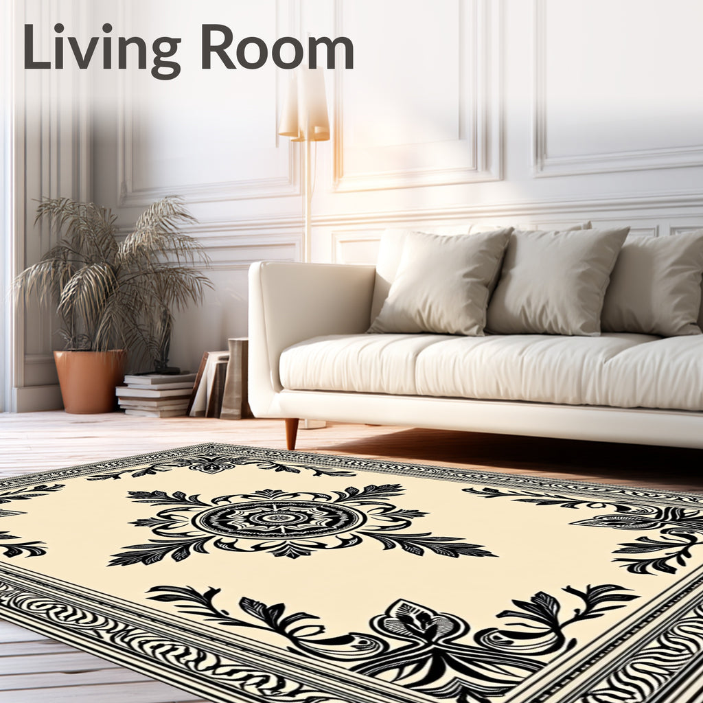 Cream and Black Medallion Floral Border Rug