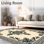 Cream and Black Medallion Floral Border Rug