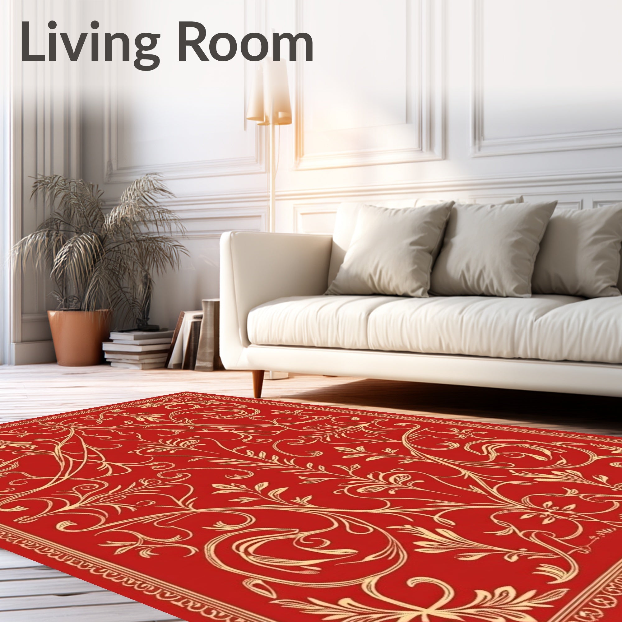 Red Cream Damask Vine Pattern Rug