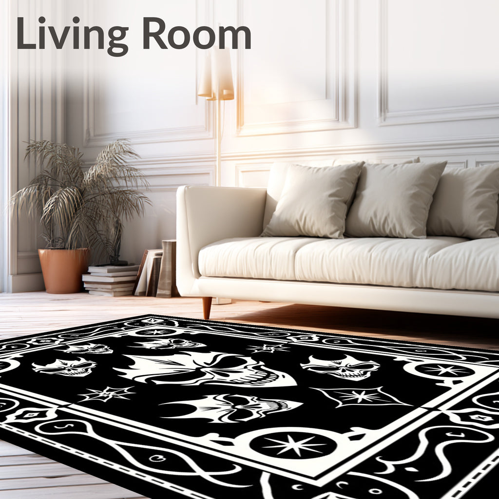 Gothic Skull Patterned Black White Rug
