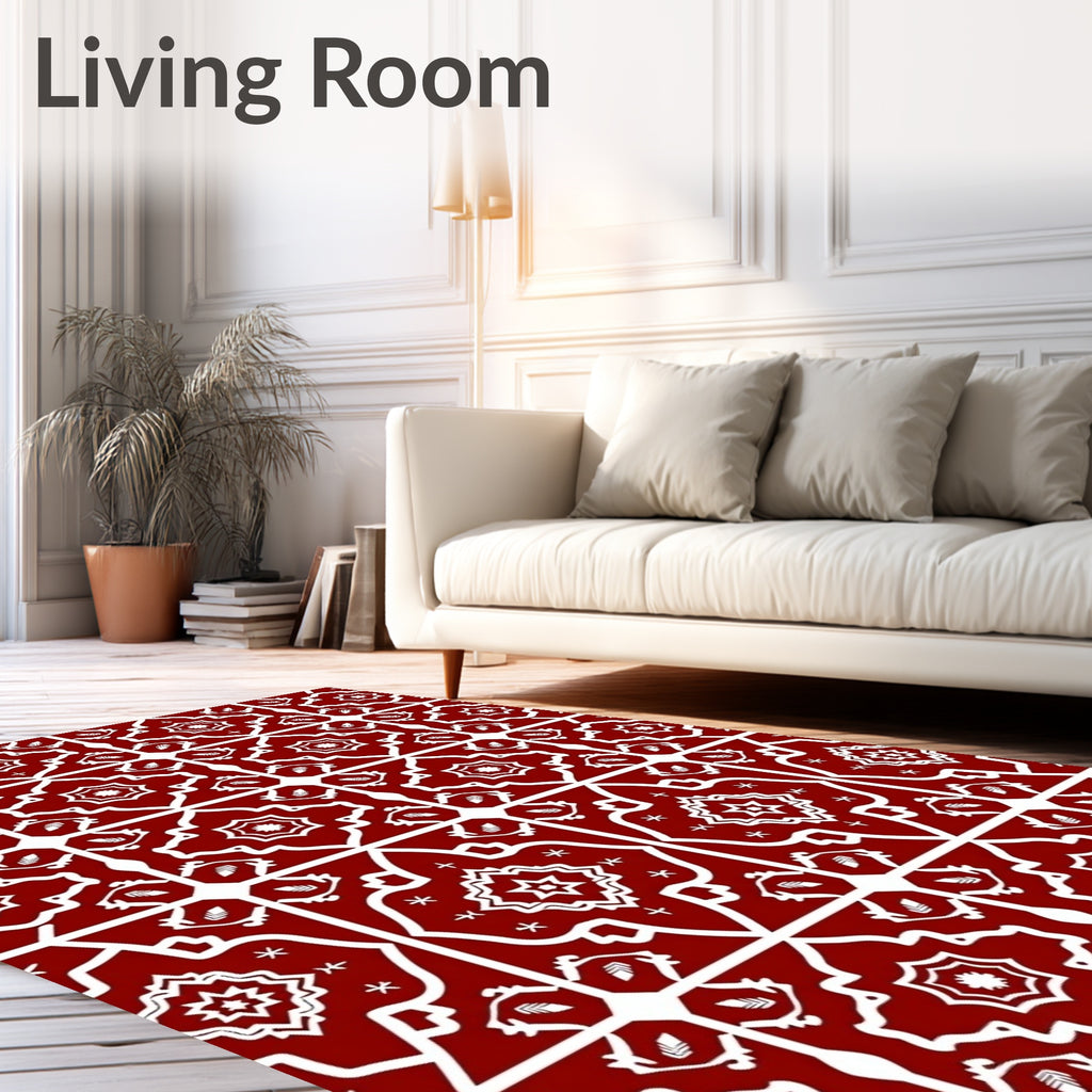 Classic Red White Geometric Tiles Rug