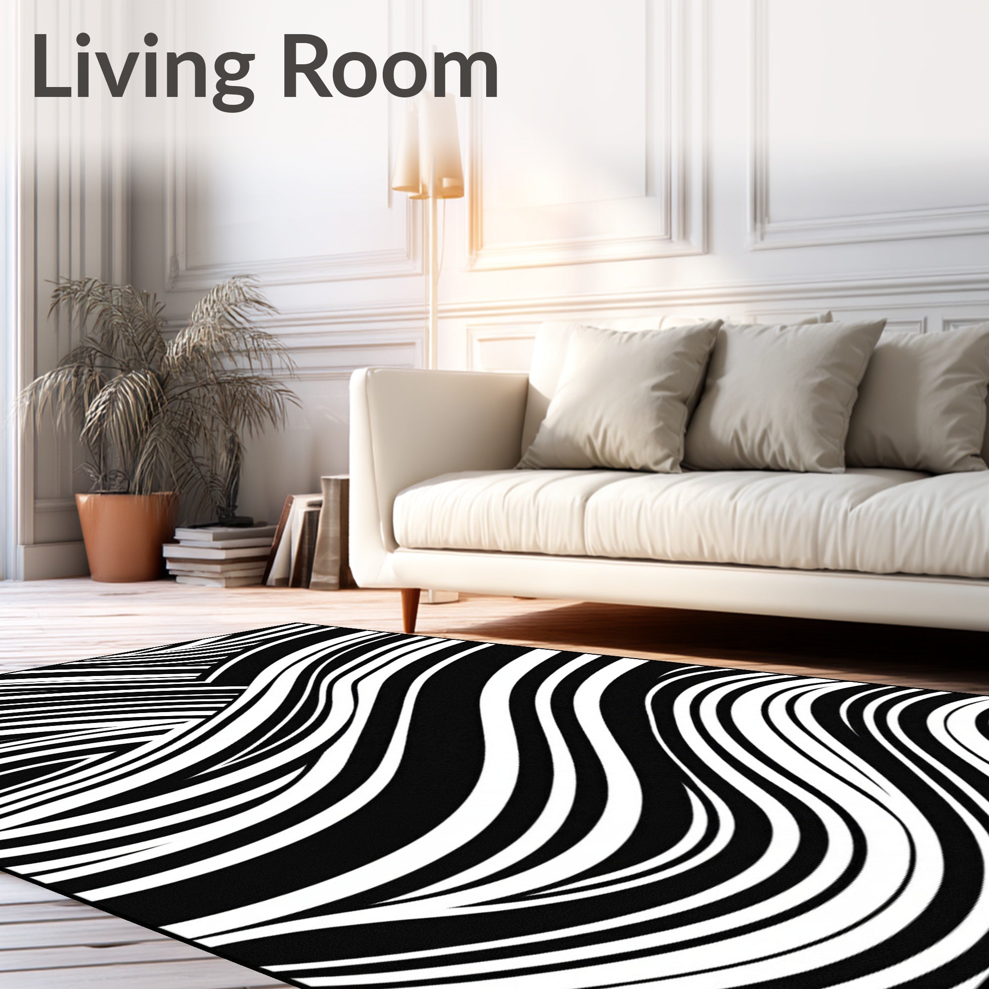 Abstract Black White Wave Pattern Rug