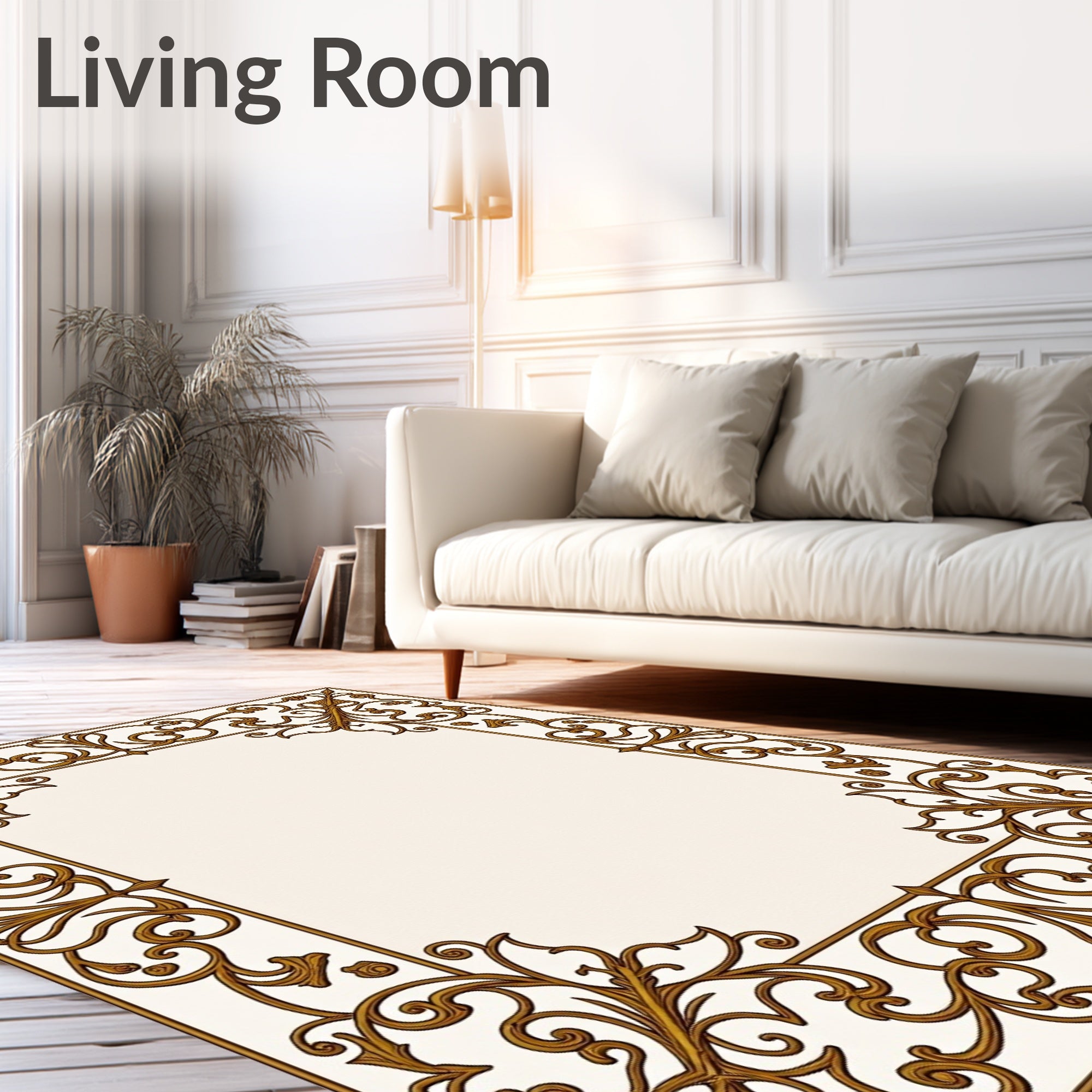 Elegant Gold Vine Scroll Border Design Rug