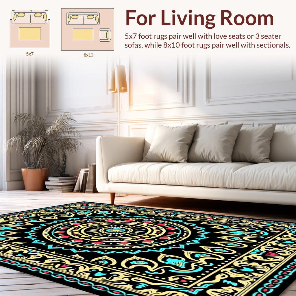 Ornate Black Mandala Floral Pattern Rug