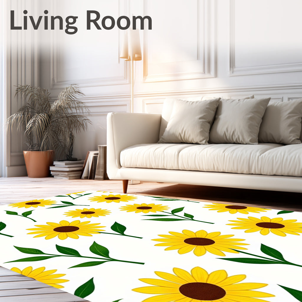 Yellow Sunflower Pattern With Green Leaves Rug