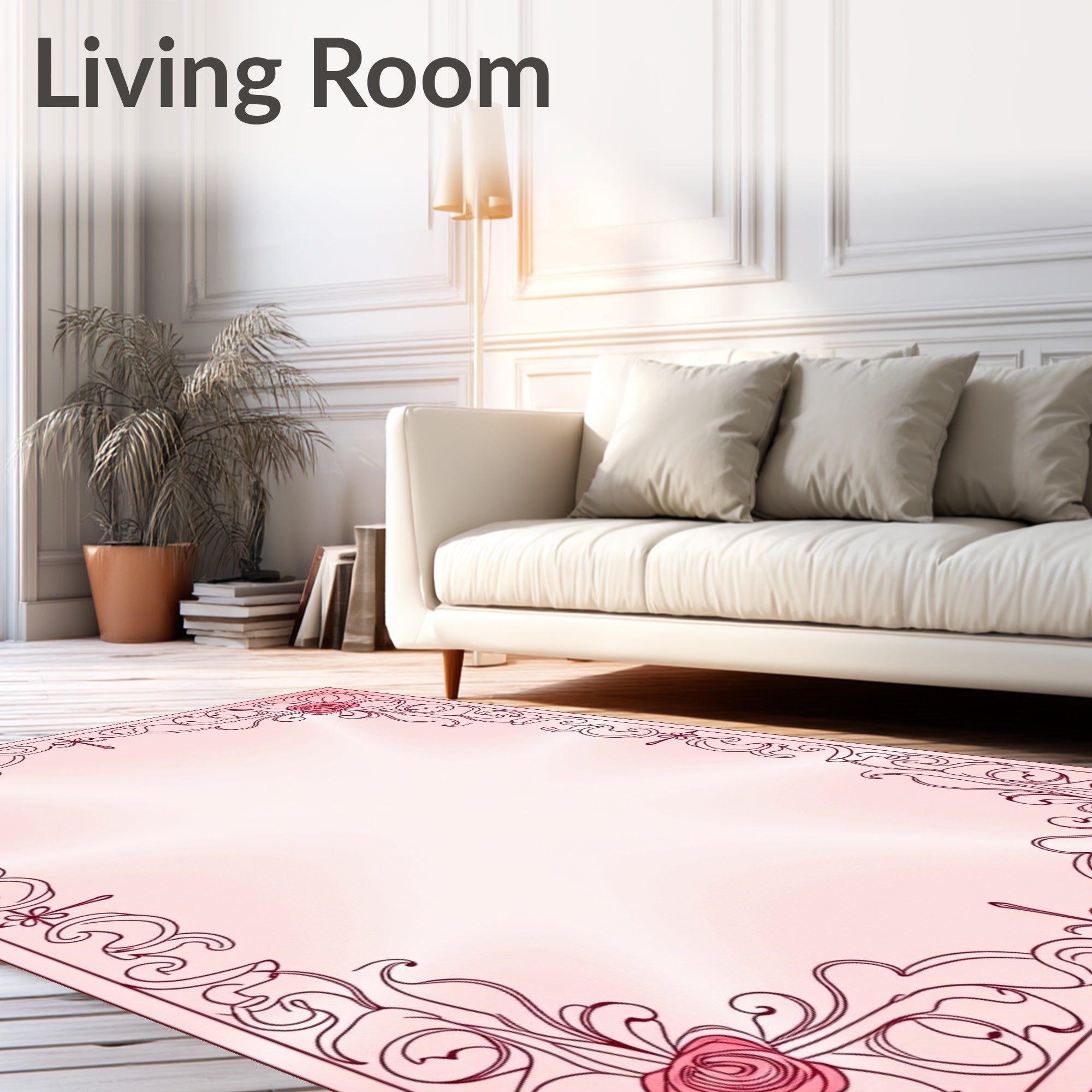 Ornate Pink Rose Floral Frame Rug