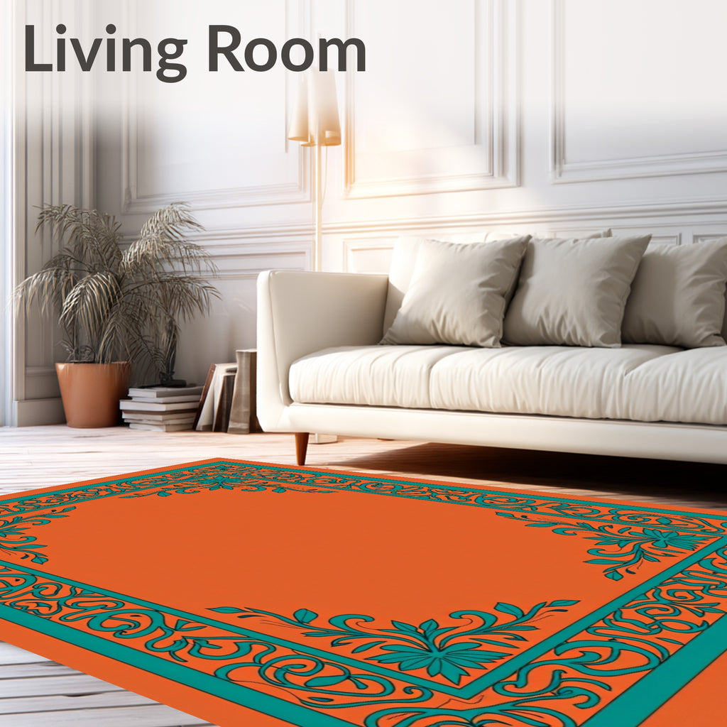 Terracotta Teal Floral Border Rug