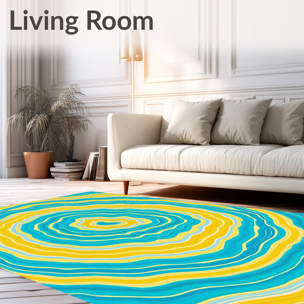 Bright Yellow Teal Wavy Rings Design Rug