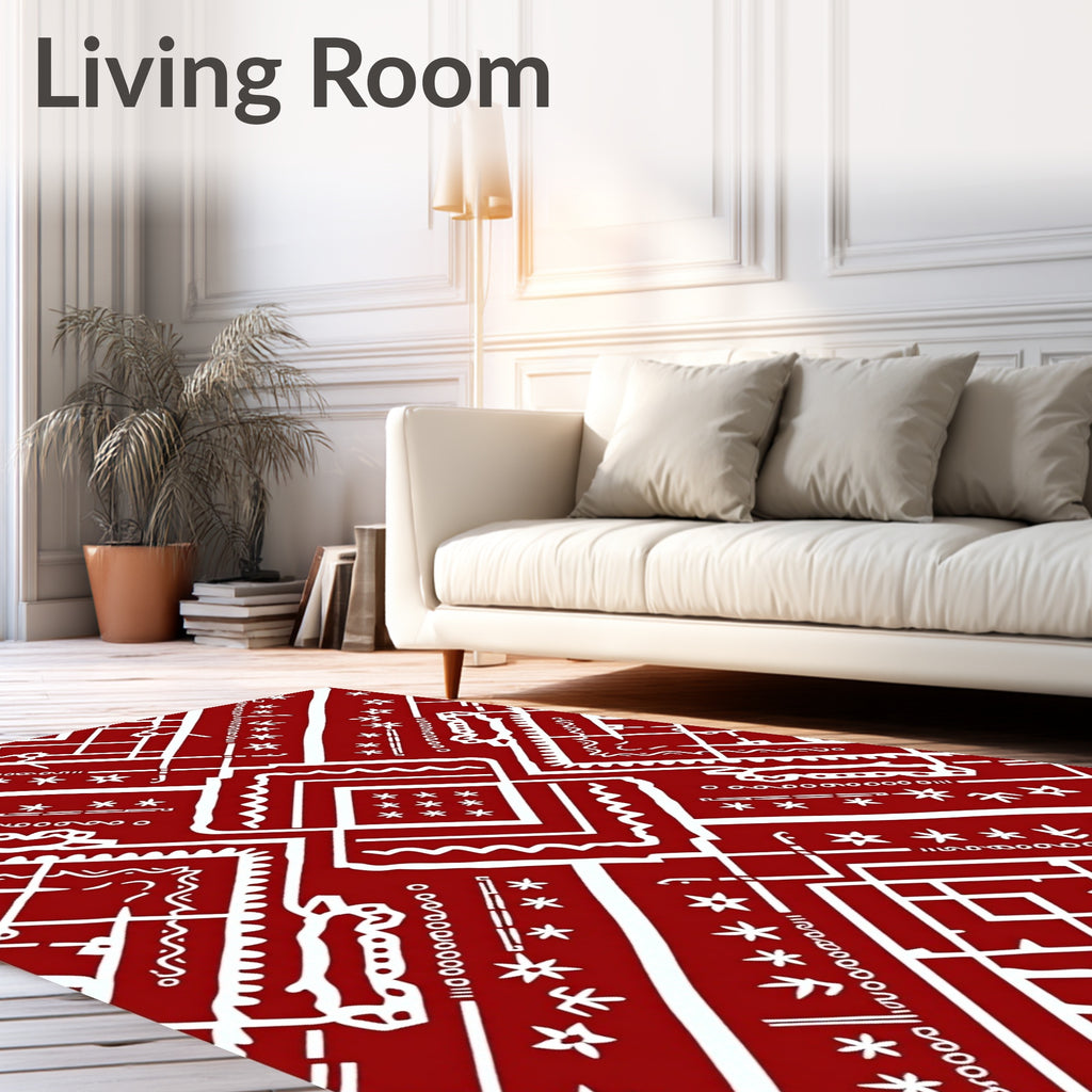 Crimson And White Geometric Tribal Pattern Rug