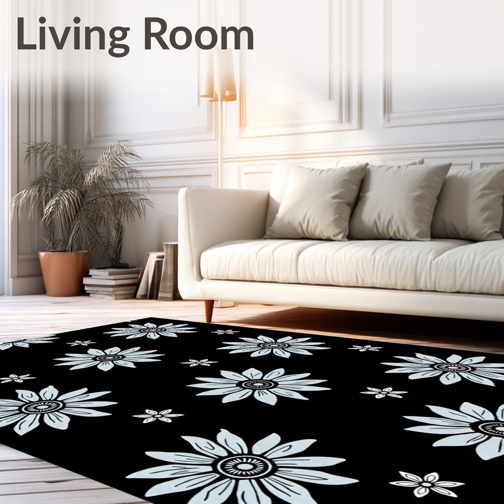 Black Pale Blue Floral Pattern Rug