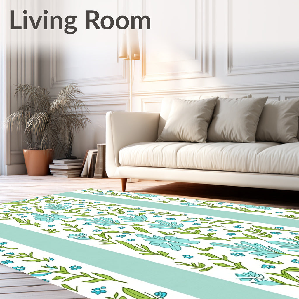 Blue Floral Vines Green Leaf Pattern Rug