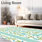 Blue Floral Vines Green Leaf Pattern Rug