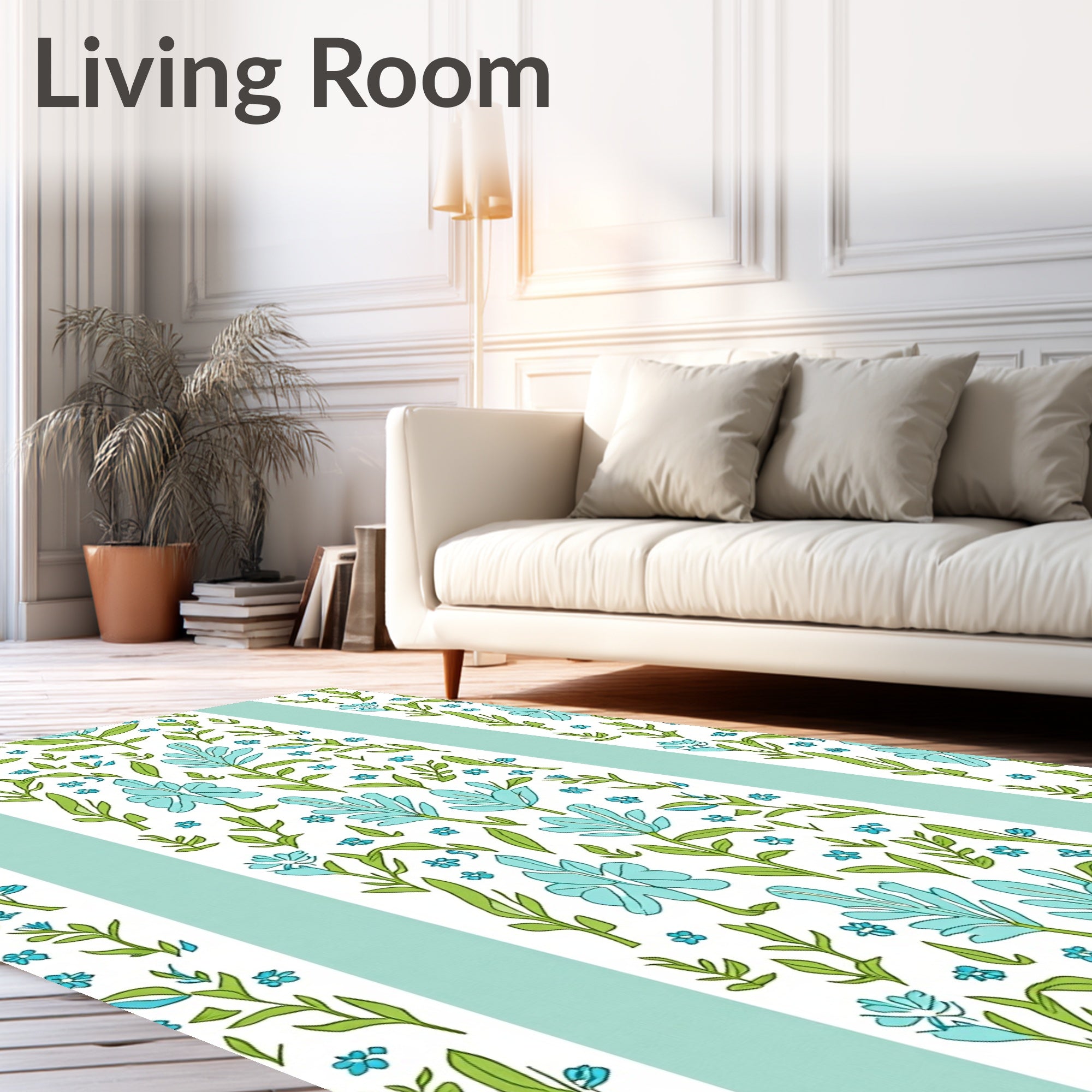 Blue Floral Vines Green Leaf Pattern Rug