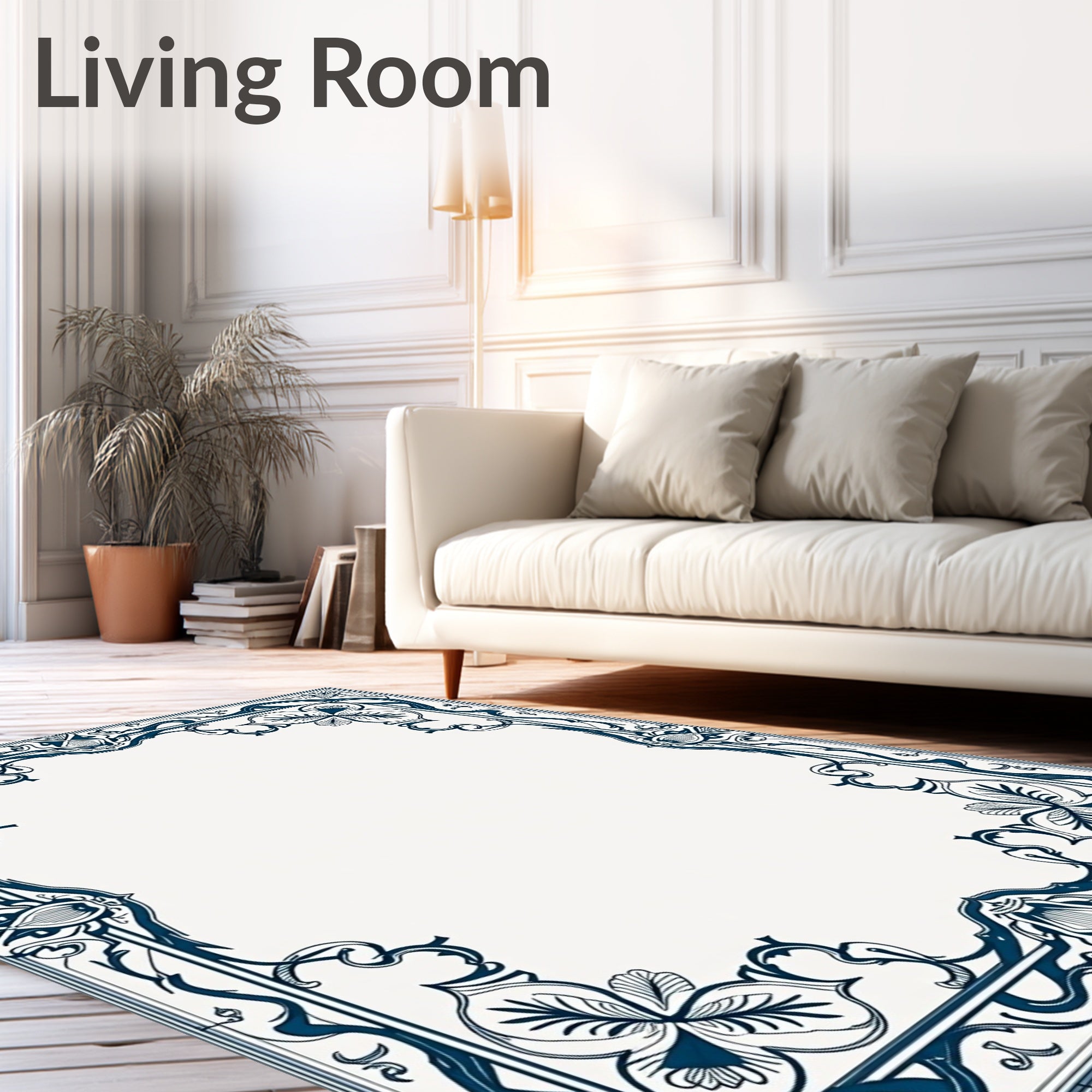 Elegant Dark Blue Art Nouveau Border Rug