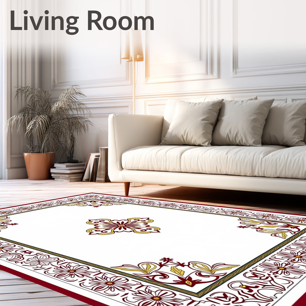 Ornate Floral Burgundy Gold Border Rug