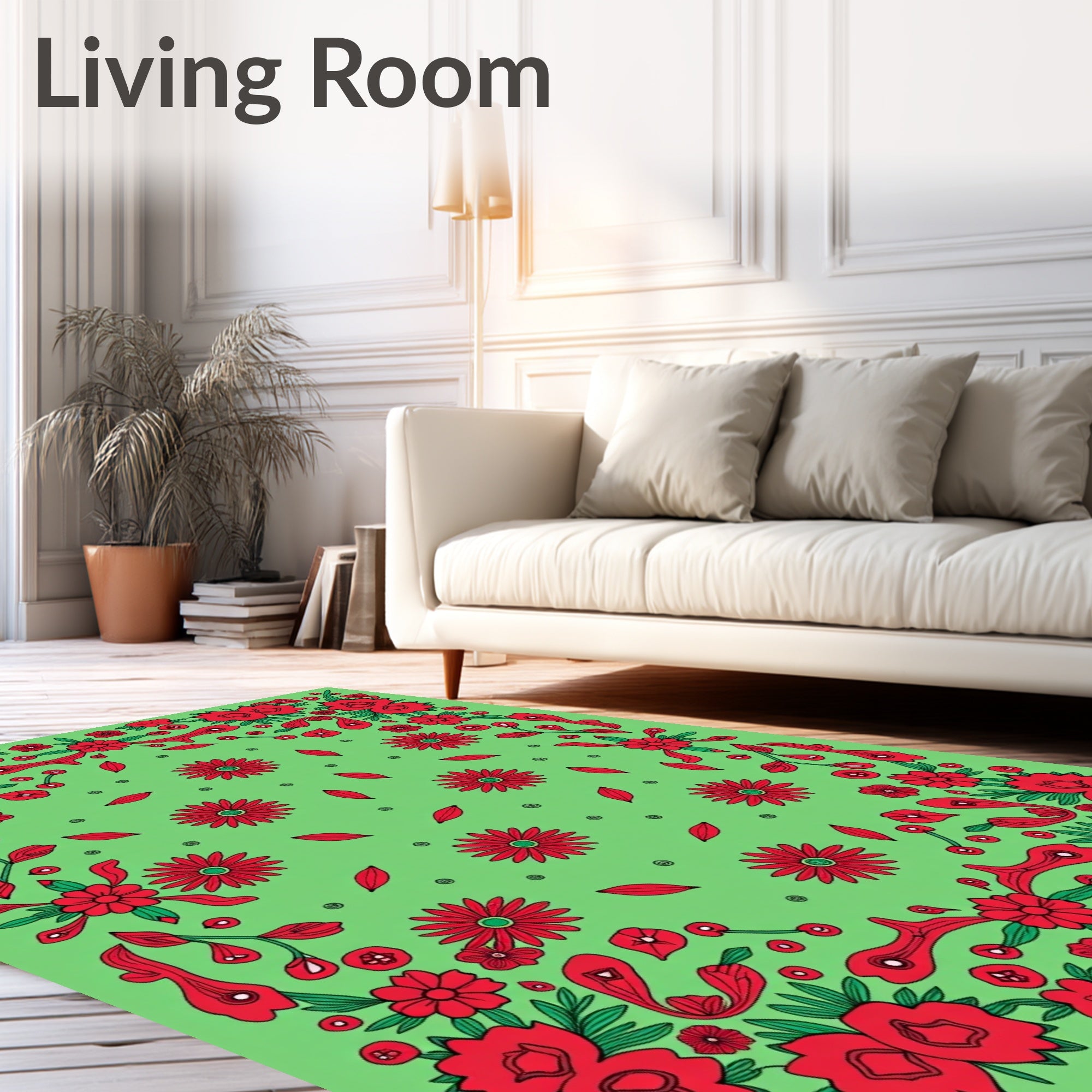 Vibrant Red Floral Patterned Green Rug