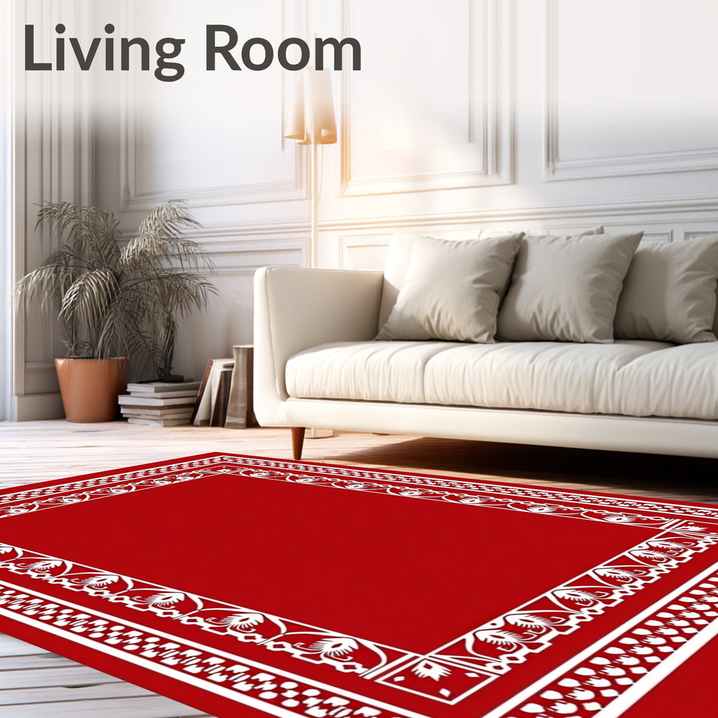 Ornate Red White Floral Border Design Rug