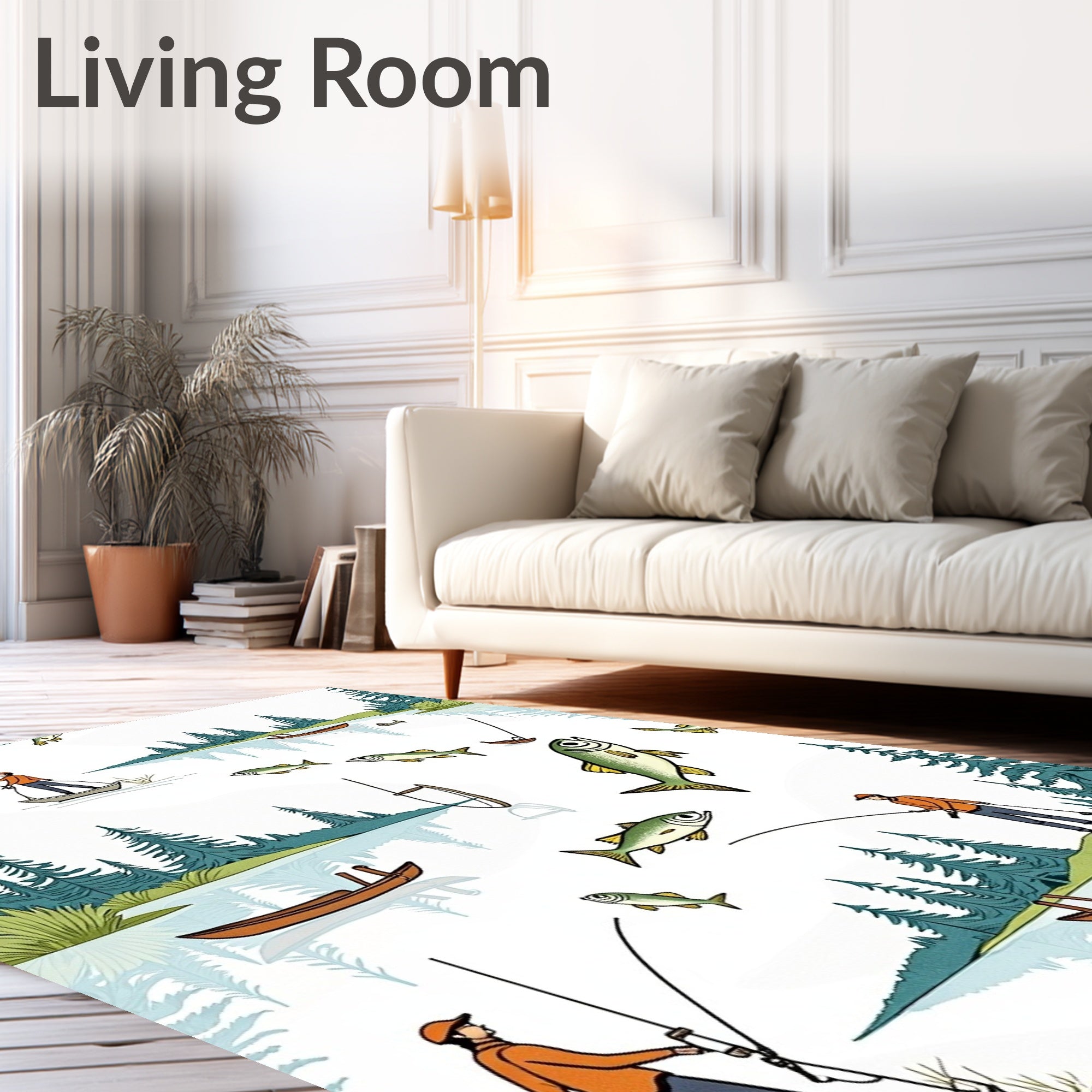 Fishing Scene with Forest Lake Pattern Rug