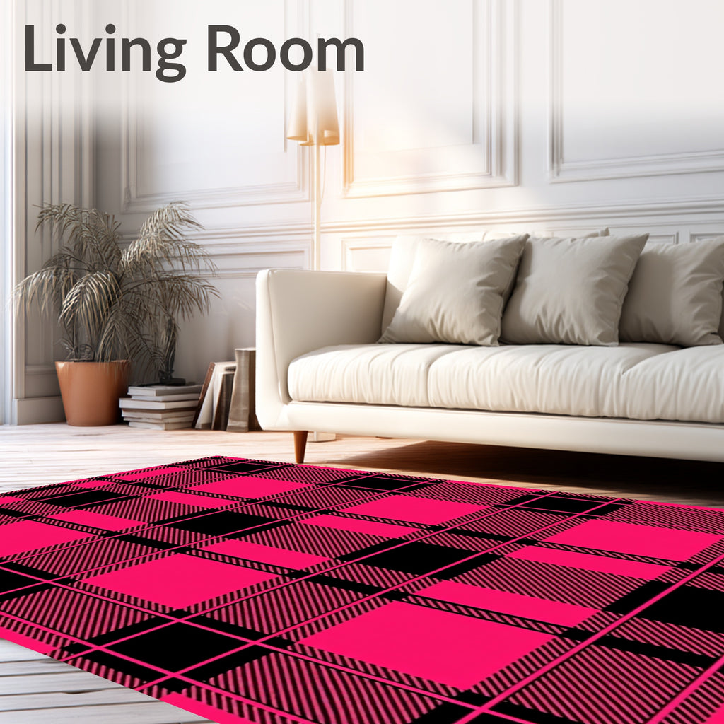 Bold Pink Black Plaid Pattern Rug
