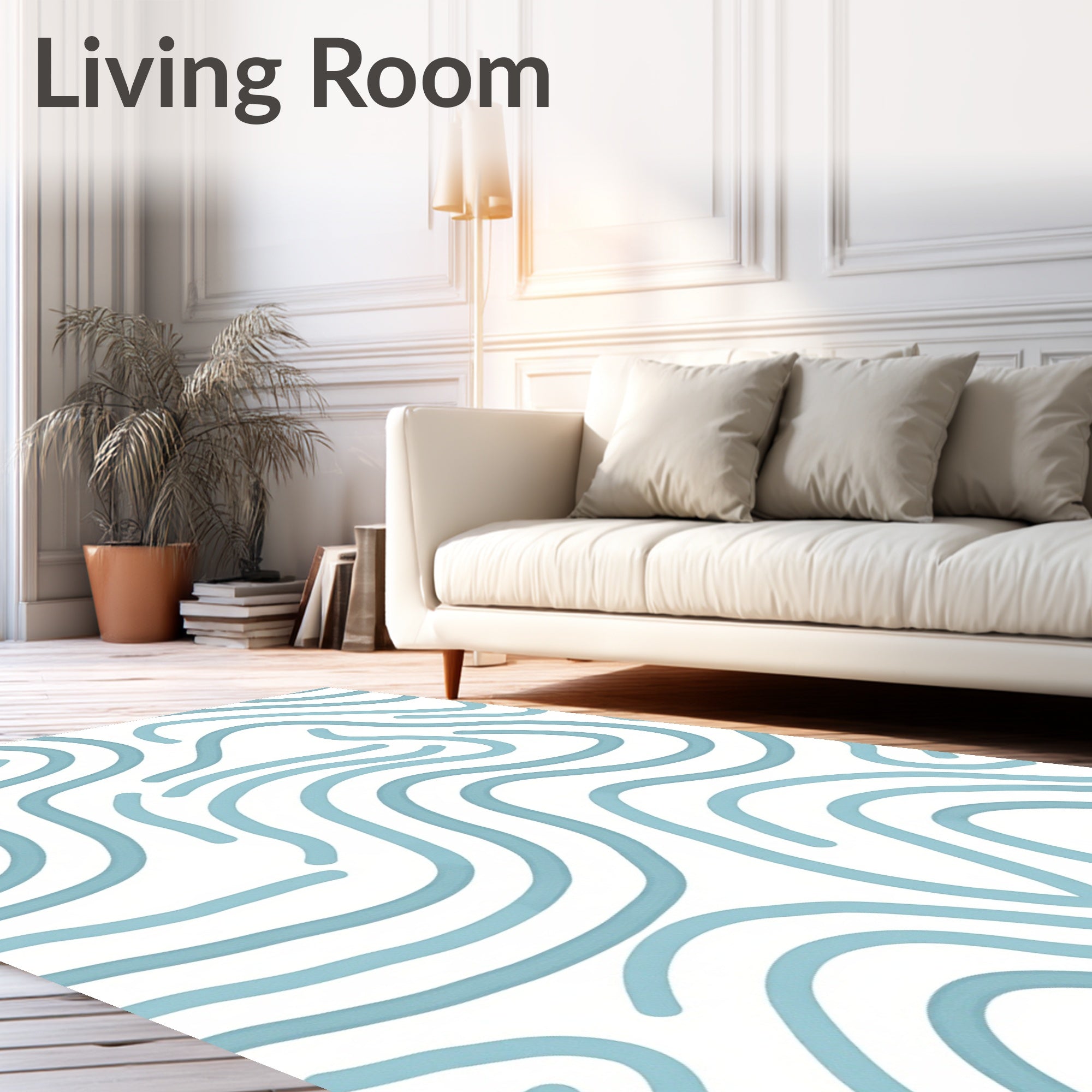 Abstract Blue Wavy Line Design Rug