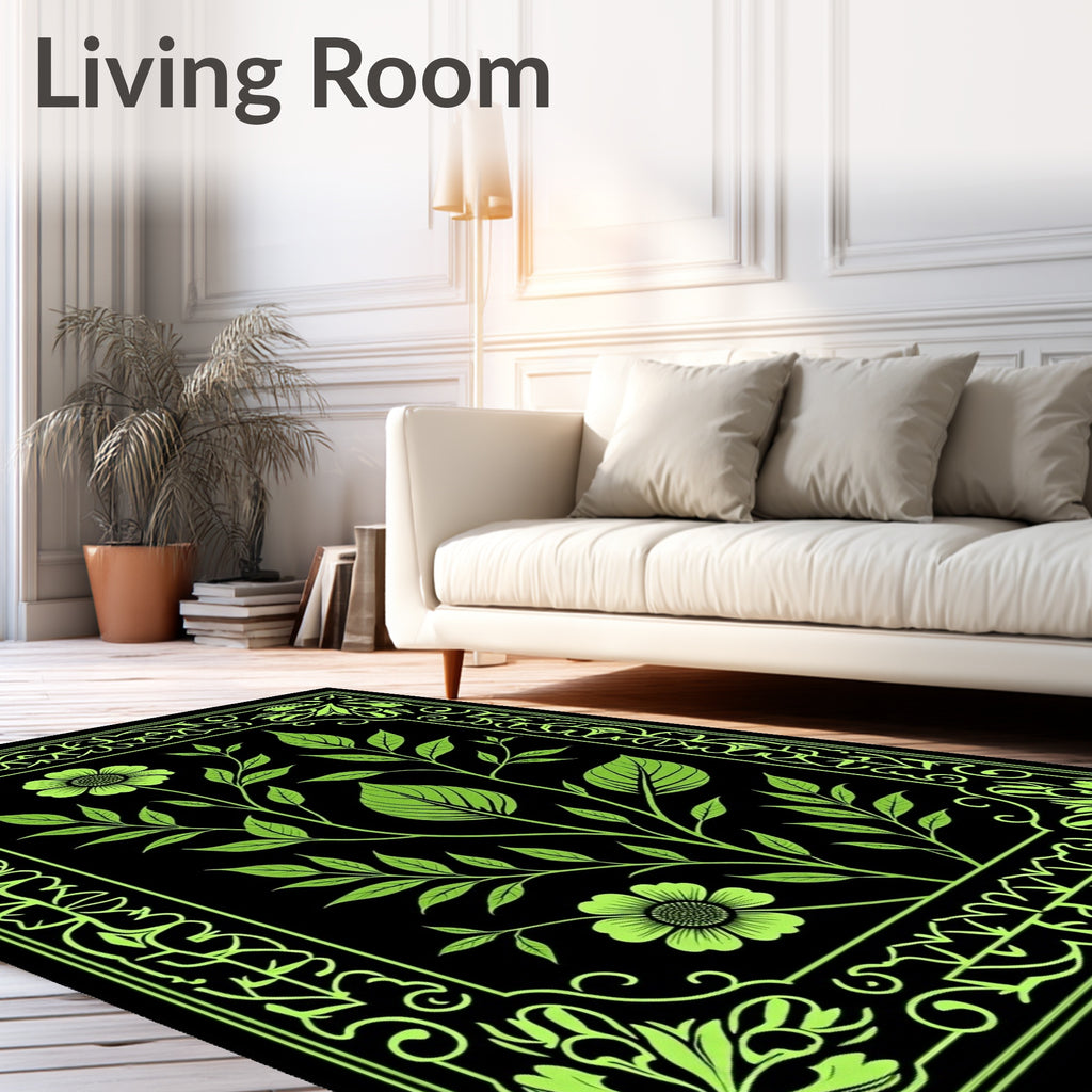 Neon Green Floral Botanical Frame Rug