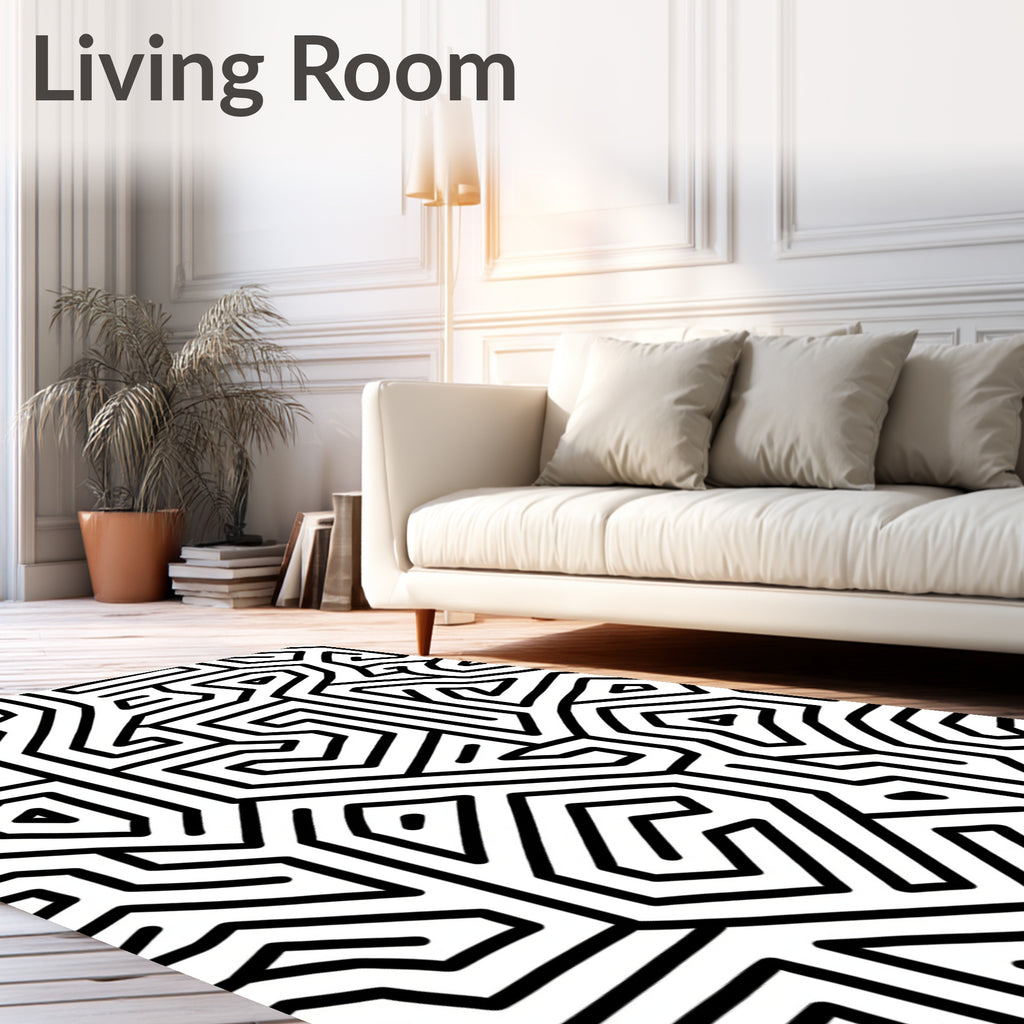 Black White Abstract Maze Pattern Rug