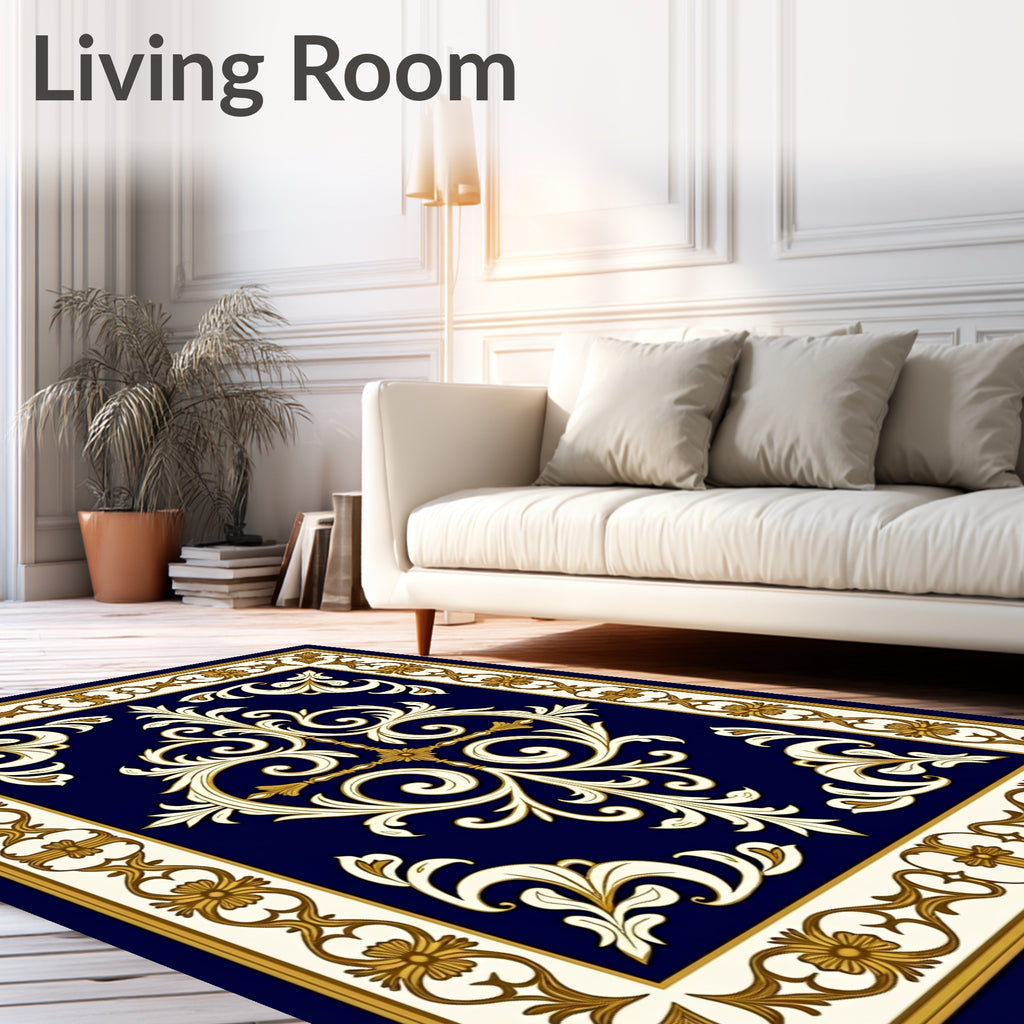 Ornate Floral Scrollwork on Deep Blue Rug