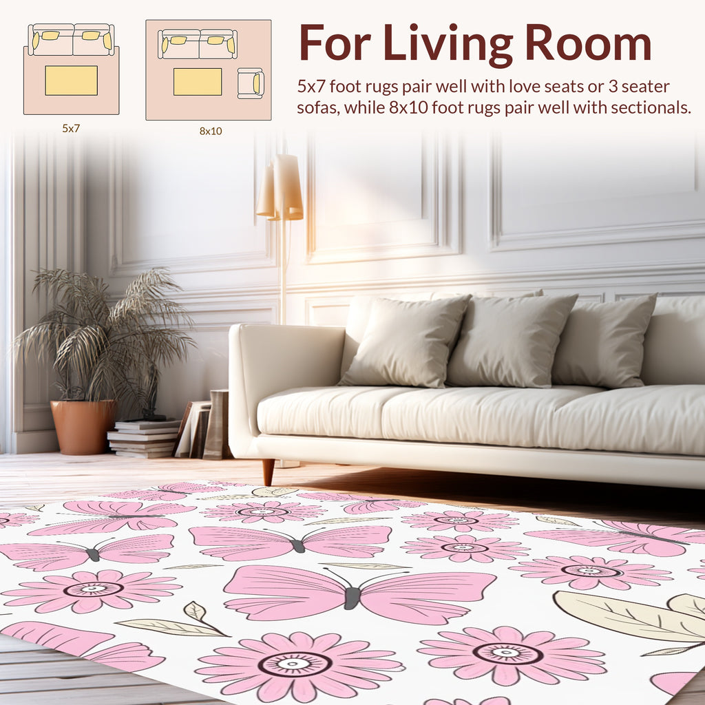 Pink Butterfly Daisy Pattern Rug