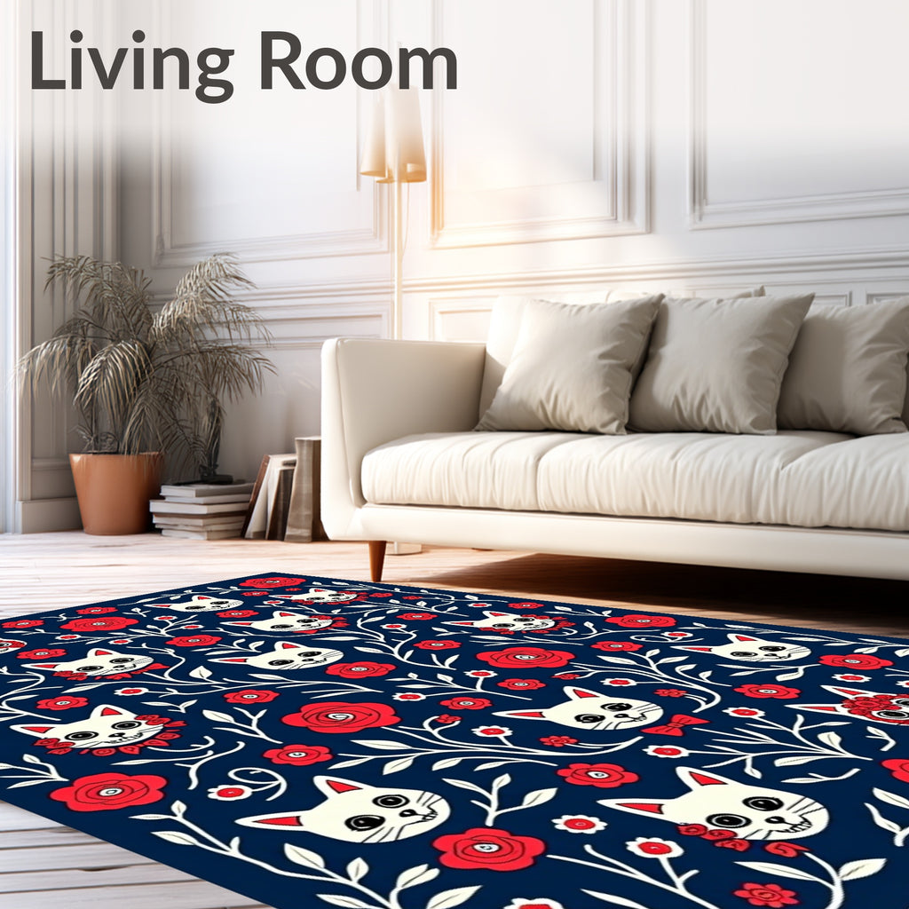 Whimsical Cat Rose Floral Pattern Rug