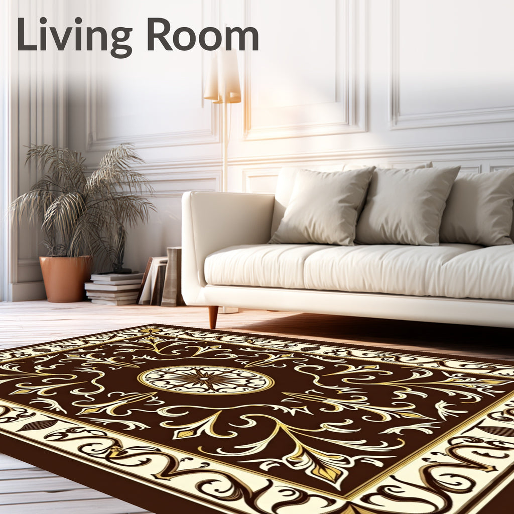 Chic Brown Gold Floral Scroll Rug