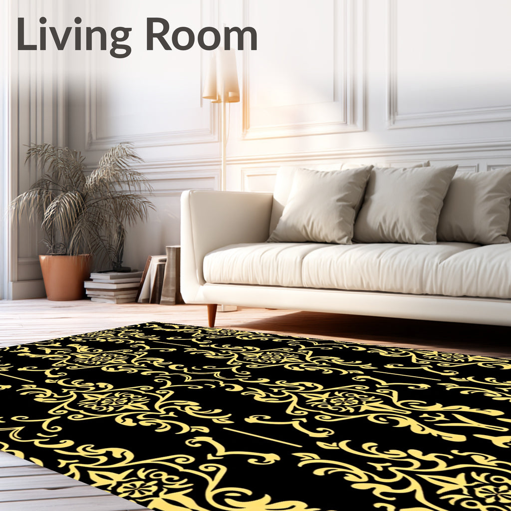 Black Gold Ornate Damask Pattern Rug