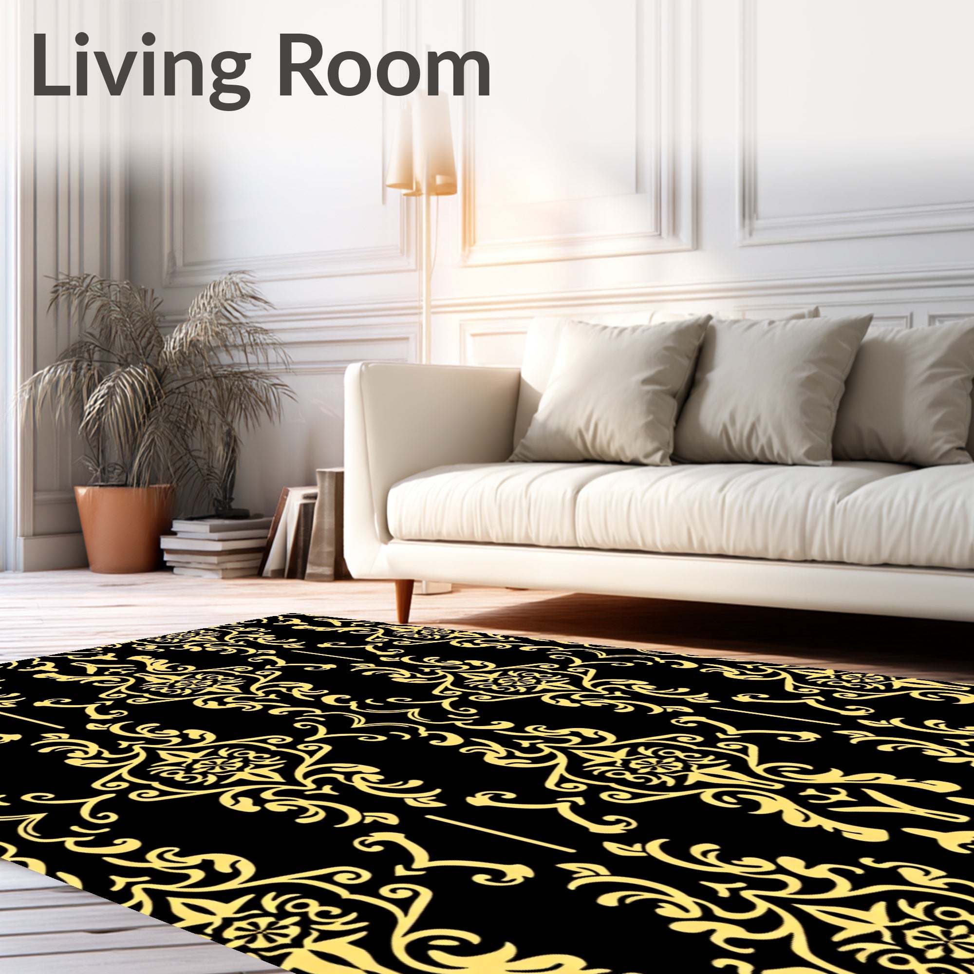 Black Gold Ornate Damask Pattern Rug