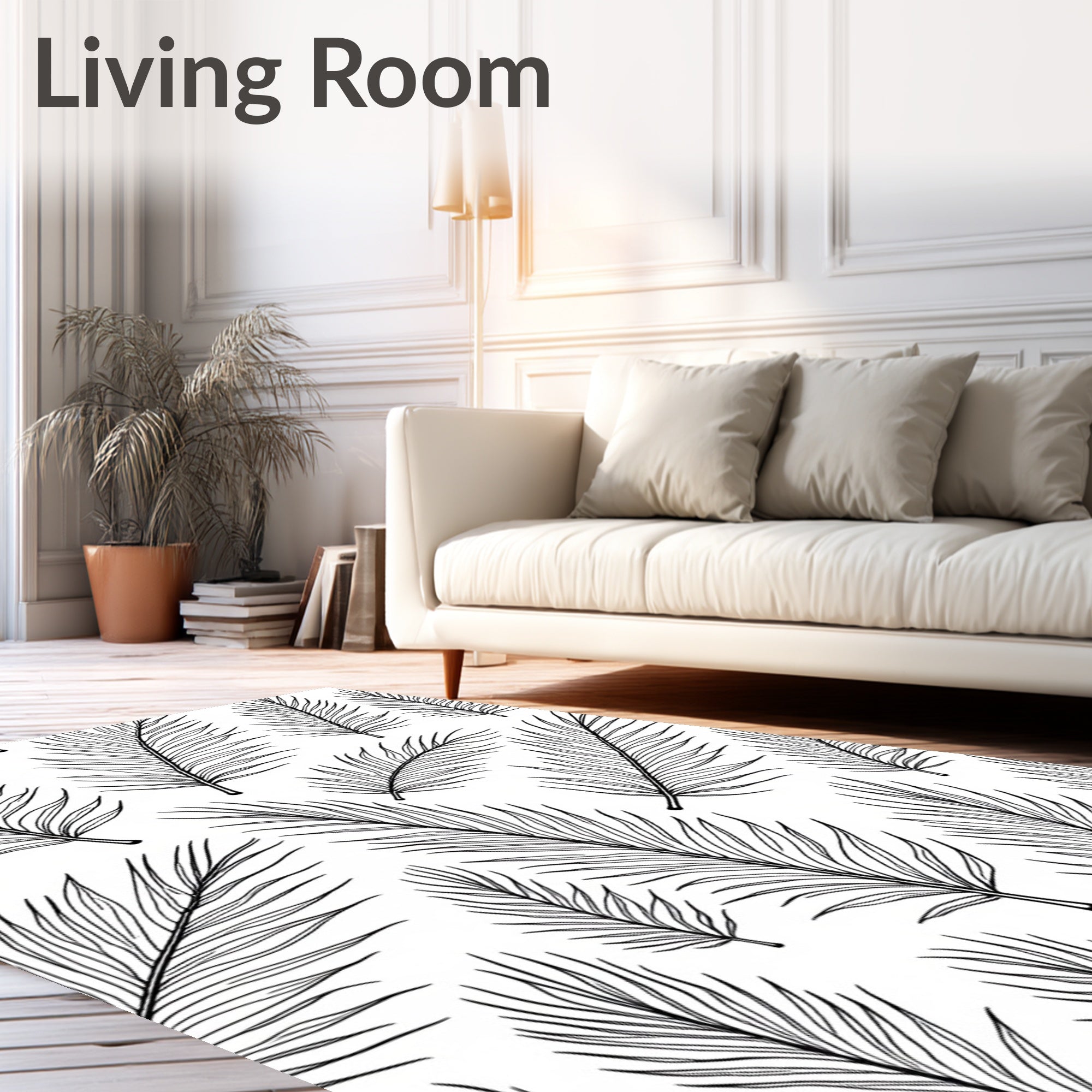 Feather Pattern Black White Outline Art Rug